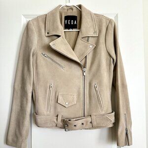 Women's VEDA Goat Suede Leather Belted Moto Jacket in Taupe Size S